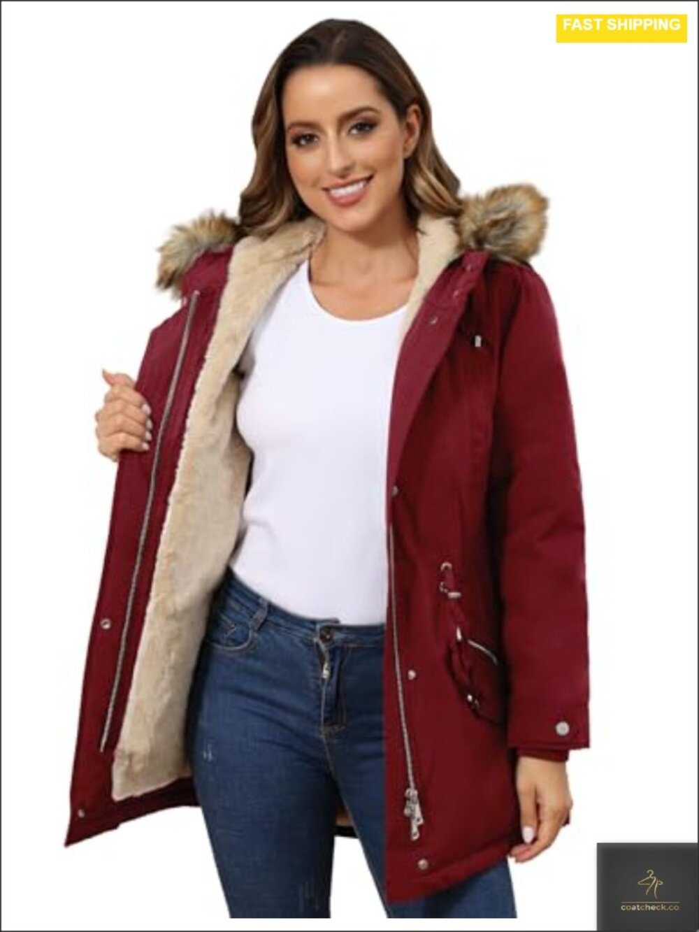 Women's Winter Parka Coat with Fleece Lining and Faux Fur Trim, Hooded, Long,